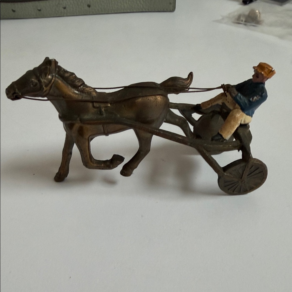 Vintage “Trotter” Antique Brass Horse and Cart Figurine with Painted Driver